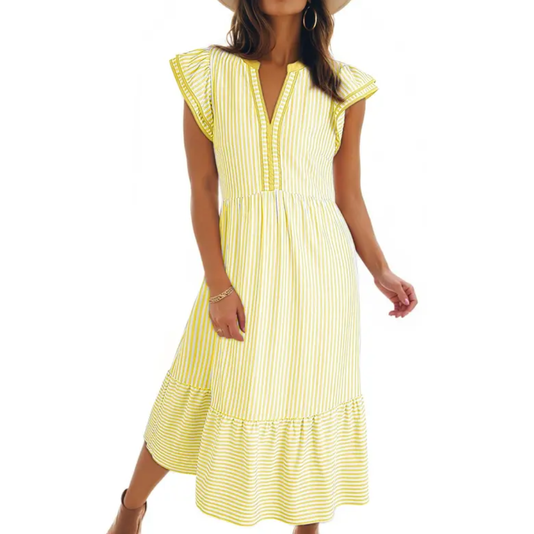 BLYTHE™ – Striped Ruffle Cap Sleeve Midi Dress