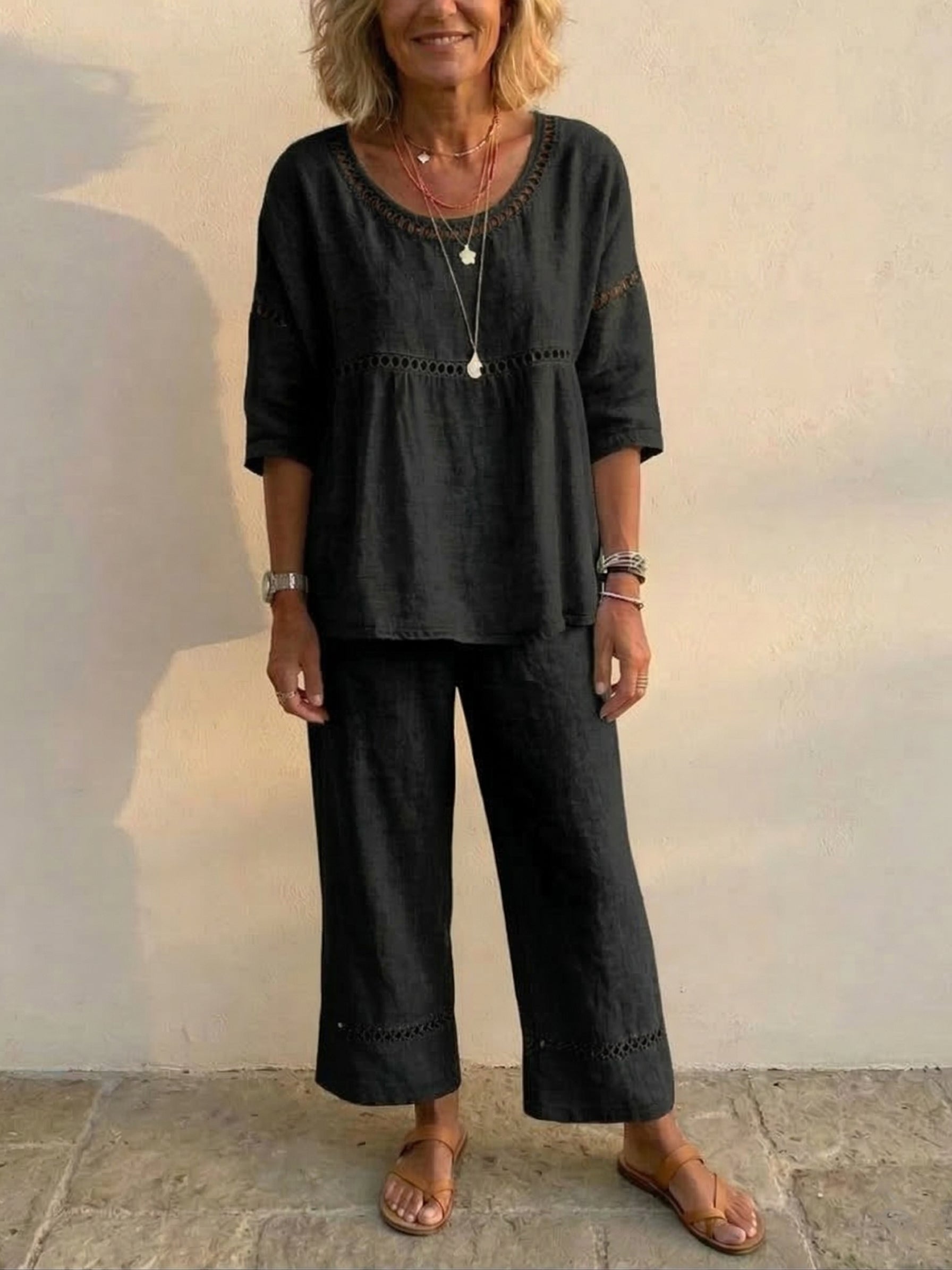 Vintage Casual Women's Linen Set with Loose Fit, Comprising Two Pieces