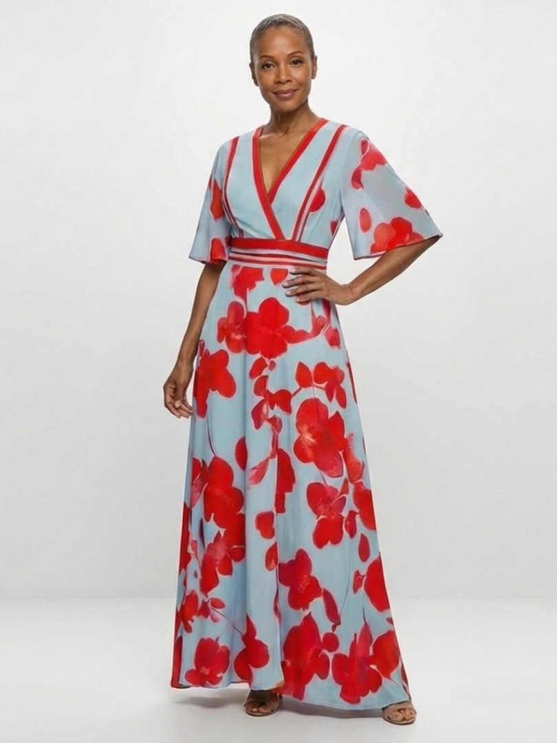 Corinne - V Neck Short Sleeve Floral Maxi Dress