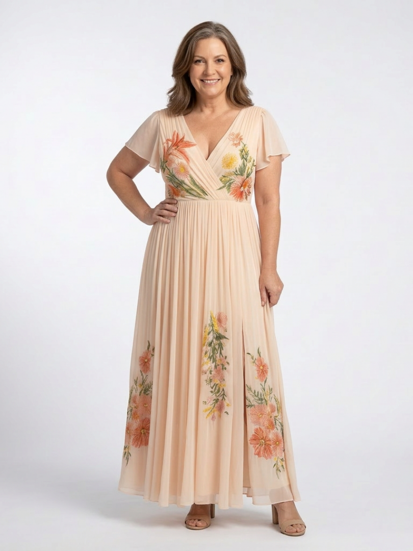 Calista - V Neck Short Sleeve Pleated Floral Maxi Dress
