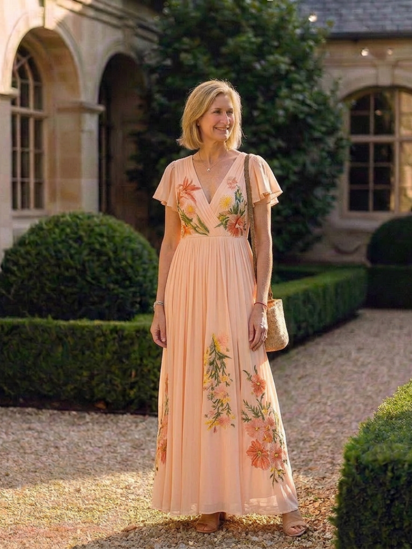 Calista - V Neck Short Sleeve Pleated Floral Maxi Dress