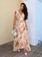 Elara - V Neck Short Sleeve Floral Maxi Dress