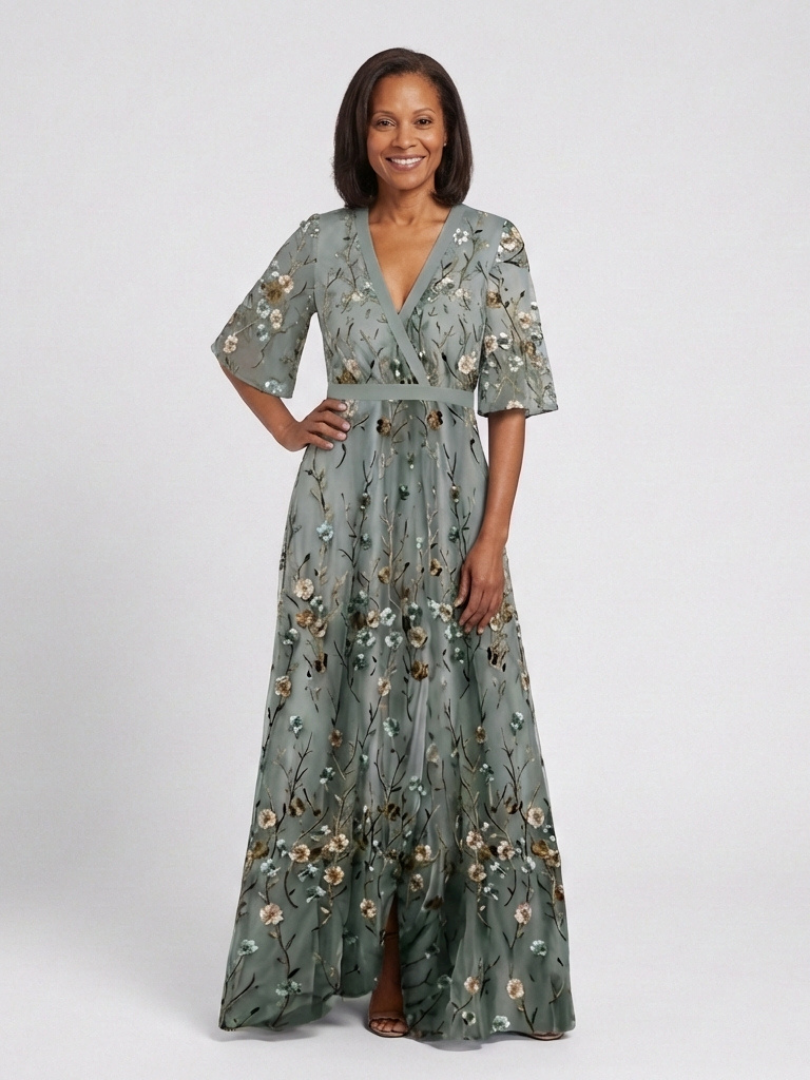 Evadne - Floral V Neck Short Sleeve Maxi Dress