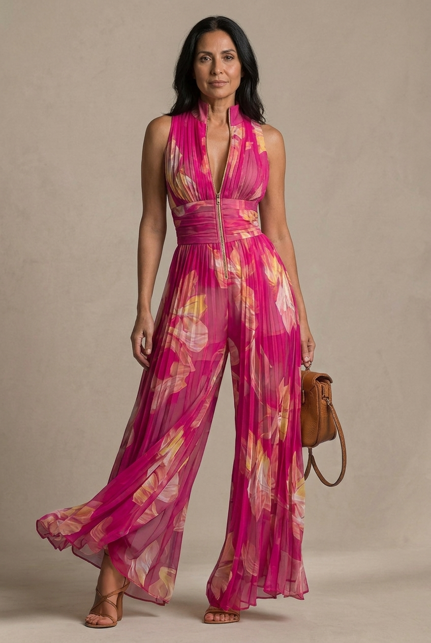 Nicole | Fuchsia floral print pleated chiffon jumpsuit